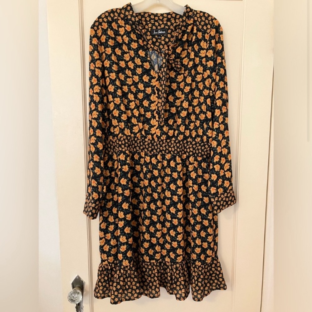 Sam Edelman Floral Print Smocked Tie Neck Dress L - Picture 2 of 8